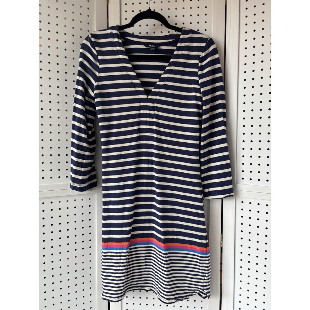 Hatley XS Women's Long Sleeve Striped V-Neck Dress Blue Ivory Cotton Blend
